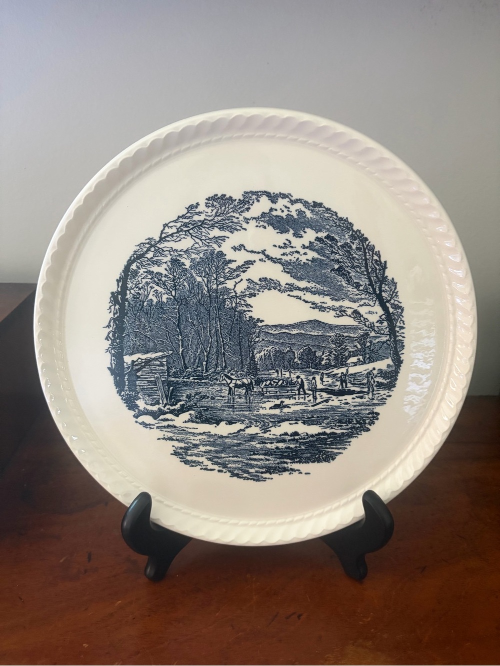 Vintage royal china currier & ives cake plate platter “getting ice” blue white